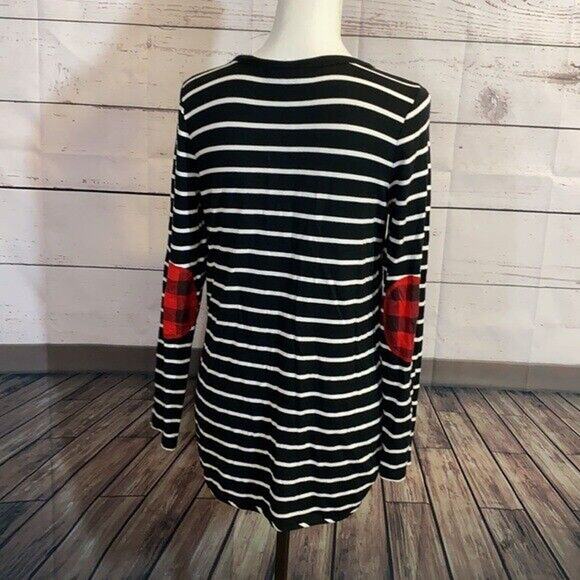 Market Spruce Top Shirt Women Small Black White Stripe Buffalo Plaid Patch Elbow - Picture 1 of 10